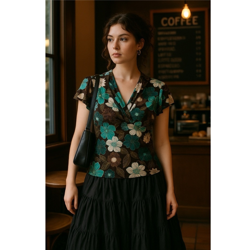 JKLA California Brown Teal Floral Top Flutter Sleeve XL Boho Y2K Whimsigoth